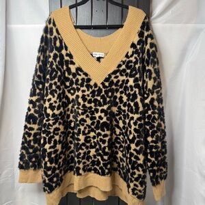 Ava & Viv Black and Tan Leopard V-Neck Sweater